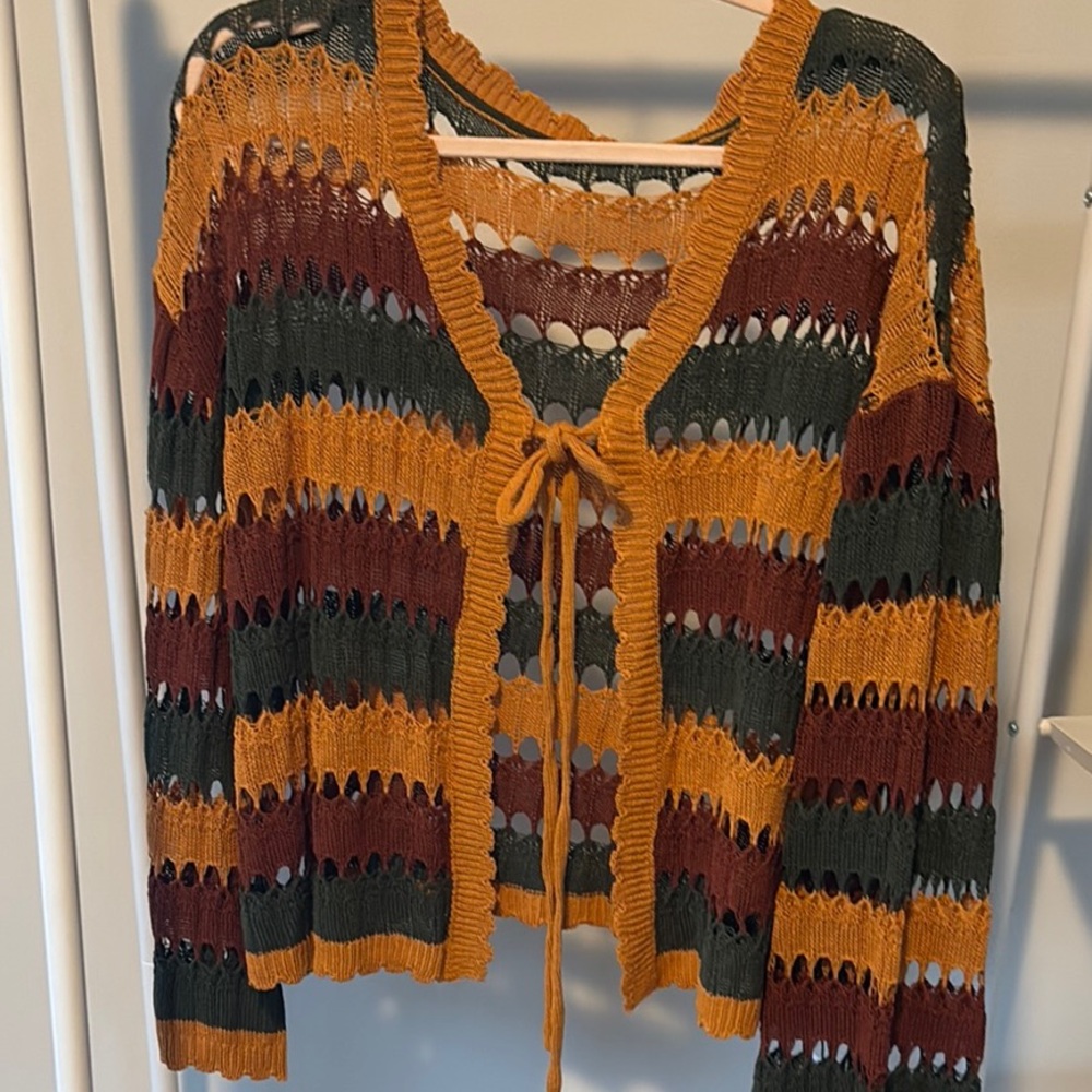 NWT Cider Jersey Knit Scoop Neckline Striped Hollow Out Cardigan